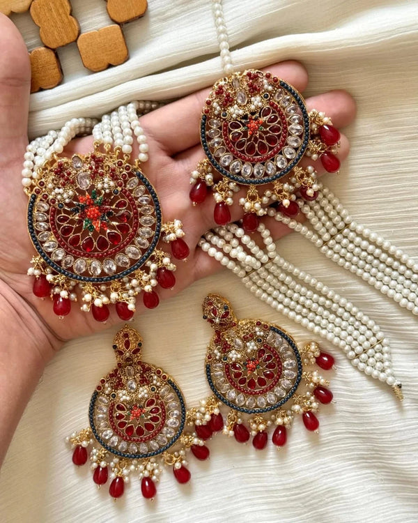 Maroon Kundan & Pearl Mala Set