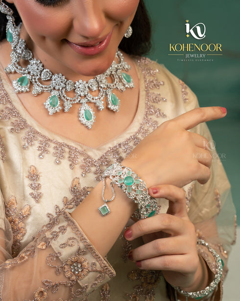 Silver plated Zircon Floral Moti sets 
With bangles