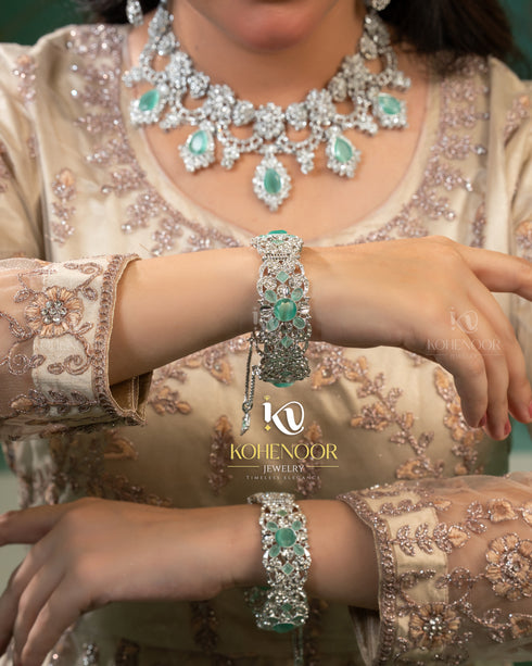 Silver plated Zircon Floral Moti sets 
With bangles