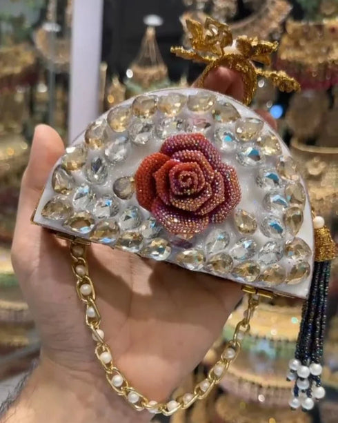 Handmade Designer Clutch – Dual-Sided Embellished, Unique Semi-Circular Shape