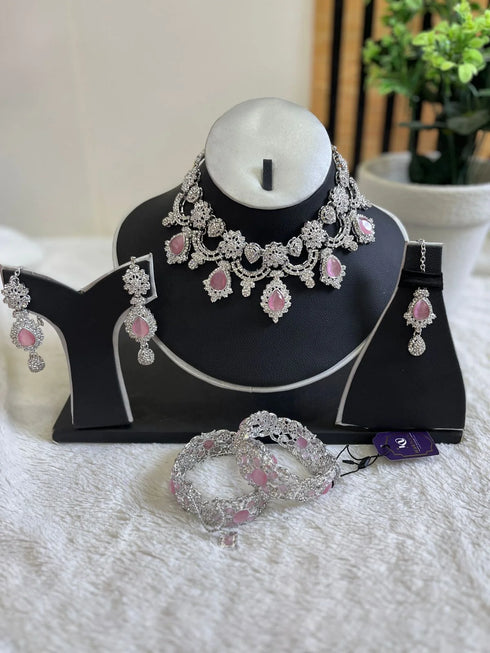 Silver plated Zircon Floral Moti sets 
With bangles