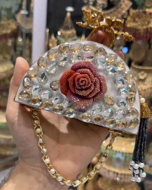 Handmade Designer Clutch – Dual-Sided Embellished, Unique Semi-Circular Shape
